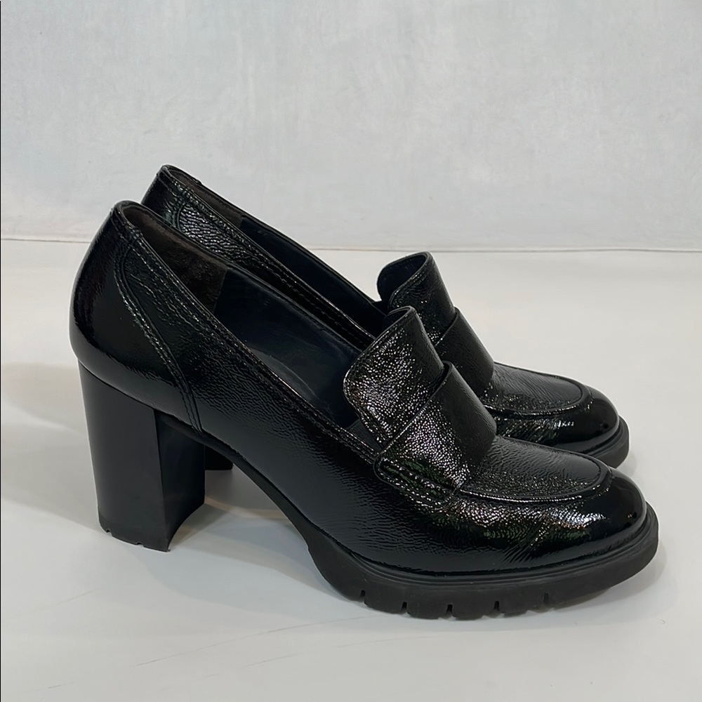 Paul Green Shoes Size 10.5 Black Patent Leather Heels Chunky Loafer Style EUC